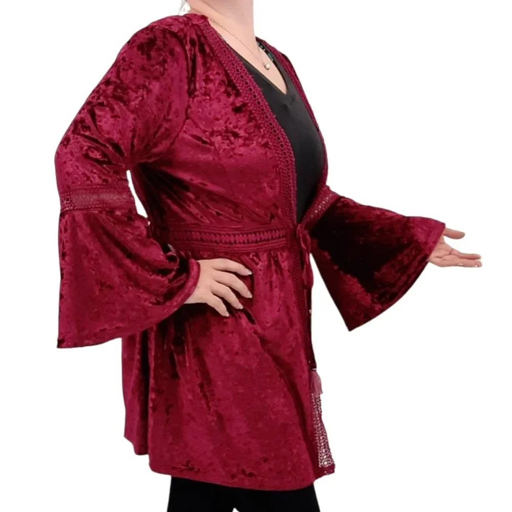 VTG 90s Nostalgia Burgundy Velvet Crochet Lace Bell Sleeve Tie Front Cardigan L
